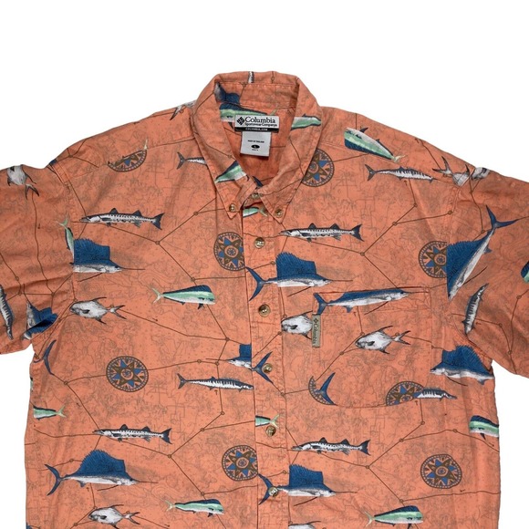 COLUMBIA Large Shirt Fish Print Button-Up Short Sleeve orange Sailfish Barracuda - Picture 2 of 9